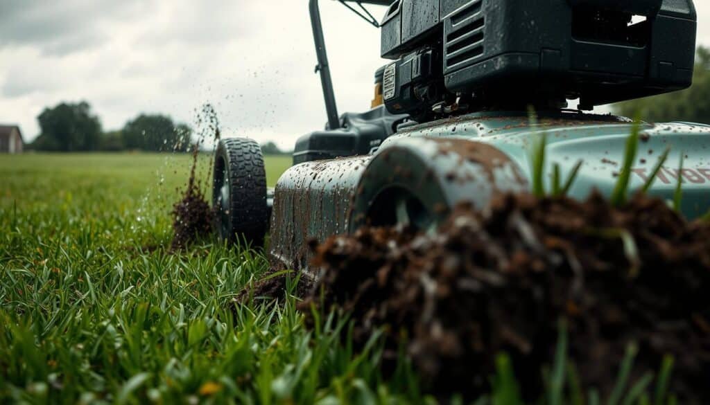 A rain-soaked lawn, the grass slick and heavy, as a lawn mower struggles to traverse the muddy terrain. In the foreground, the mower's wheels spin, spraying droplets of water and mud. The engine strains, its motor growling with the effort. In the middle ground, the mower's deck appears sluggish, bogged down by the damp conditions. The grass, matted and flattened, resists the spinning blades. In the background, a gloomy sky hangs low, casting a somber tone over the scene. The lighting is muted, with soft shadows and diffused highlights, conveying the dampness and lack of direct sunlight. The camera angle is low, emphasizing the mower's battle against the wet grass and soil.