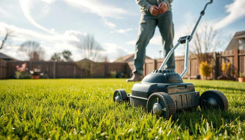 A serene backyard on a warm spring day, the lush, newly seeded lawn glistening under the soft, diffused sunlight. A manual push mower stands at the ready, its polished chrome blades anticipating the first pass over the delicate grass blades. The homeowner, dressed in comfortable work attire, thoughtfully examines the growth, determining the optimal mowing height to nurture the nascent lawn. Tall, wispy clouds drift overhead, casting gentle shadows that dance across the emerald expanse, creating a tranquil, picturesque scene worthy of capturing the essence of "when to mow new grass." A serene backyard on a warm spring day, the lush, newly seeded lawn glistening under the soft, diffused sunlight. A manual push mower stands at the ready, its polished chrome blades anticipating the first pass over the delicate grass blades. The homeowner, dressed in comfortable work attire, thoughtfully examines the growth, determining the optimal mowing height to nurture the nascent lawn. Tall, wispy clouds drift overhead, casting gentle shadows that dance across the emerald expanse, creating a tranquil, picturesque scene worthy of capturing the essence of "when to mow new grass."