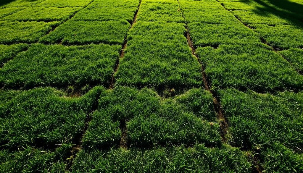 A sprawling expanse of lush green lawn, ravaged by the marks of a recent wet mowing. Jagged, discolored streaks scar the surface, where the weight of the mower has compressed the saturated soil. Tufts of grass lie flattened, their blades wilting under the pressure. Shadows cast by the mower's wheels create a moody, uneven pattern across the ground. Sunlight filters through scattered clouds, casting a soft, diffused glow that highlights the damaged areas. The scene conveys a sense of carelessness and the consequences of mowing a lawn in less-than-ideal conditions.