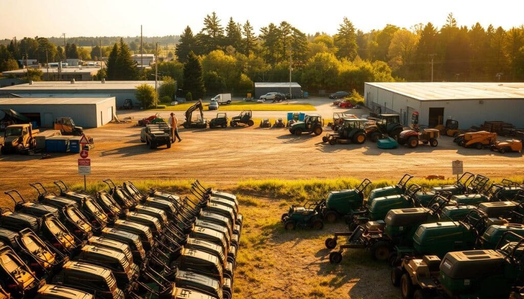 A sprawling recycling center for lawn mowers, bathed in warm afternoon light. In the foreground, an orderly row of old, weathered mowers awaits their final journey. The middle ground reveals an expansive yard dotted with various disposal bins and signage guiding visitors. In the background, a cluster of industrial buildings and towering trees set the scene. The overall atmosphere is one of quiet efficiency, a hub dedicated to responsibly repurposing and recycling these once-vital gardening tools. Captured with a wide-angle lens, the image conveys a sense of scale and importance to this often-overlooked aspect of lawn mower ownership.