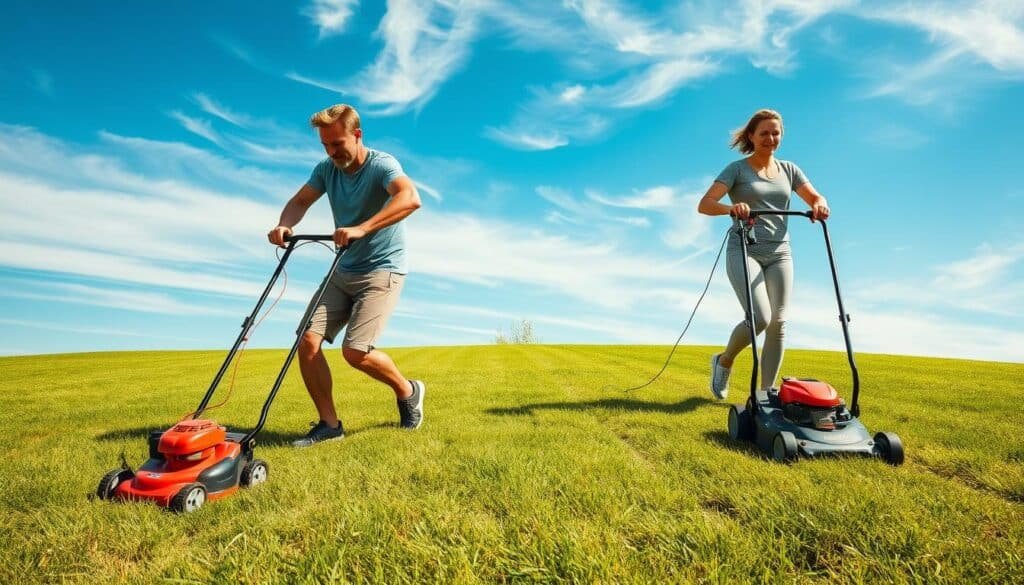 A sunny outdoor scene, with a lush green lawn in the foreground. On the left, a person is vigorously pushing a manual lawn mower, their muscles straining with each pull of the cord. On the right, a person effortlessly glides along with a power mower, leaving a neat, even path behind them. The contrast in their body language and the mowers' designs highlights the different calorie-burning experiences. The background features a clear blue sky with wispy clouds, creating a sense of tranquility and the perfect setting for this informative comparison.