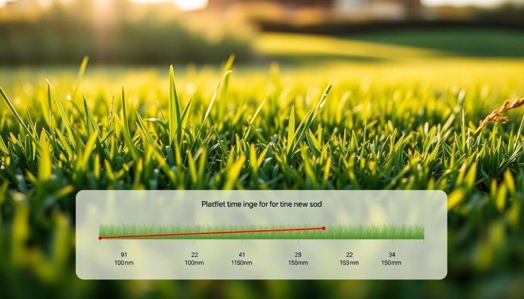 A verdant lawn with lush, recently laid sod takes center stage, its blades gently swaying in the warm afternoon sunlight. In the foreground, a detailed illustration depicts the optimal timing for mowing new sod, showcasing the ideal cutting height and frequency for healthy growth. The background features a soft, blurred landscape, allowing the informative visual guide to be the focal point. The image is captured with a shallow depth of field, creating a professional, editorial-style composition. The overall tone is one of informative guidance, with a touch of natural, earthy elegance to complement the subject matter. A verdant lawn with lush, recently laid sod takes center stage, its blades gently swaying in the warm afternoon sunlight. In the foreground, a detailed illustration depicts the optimal timing for mowing new sod, showcasing the ideal cutting height and frequency for healthy growth. The background features a soft, blurred landscape, allowing the informative visual guide to be the focal point. The image is captured with a shallow depth of field, creating a professional, editorial-style composition. The overall tone is one of informative guidance, with a touch of natural, earthy elegance to complement the subject matter.