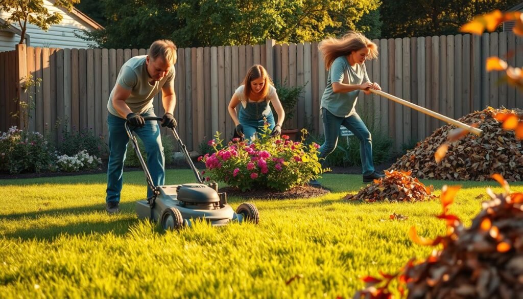 A vibrant backyard scene showcasing a comparison of various yard work activities. In the foreground, a person meticulously mowing a lush, verdant lawn, their muscles straining as they push the lawn mower. In the middle ground, another person diligently weeding a flower bed, their brow furrowed in concentration. In the background, a person energetically raking a pile of fallen leaves, their movements captured in a dynamic blur. The scene is bathed in warm, golden light, casting long shadows and creating a sense of depth and dimensionality. The composition is balanced, with each activity occupying a distinct space and contributing to the overall narrative. The overall mood is one of productive industry and physical exertion, reflecting the challenges and benefits of maintaining a well-kept yard.