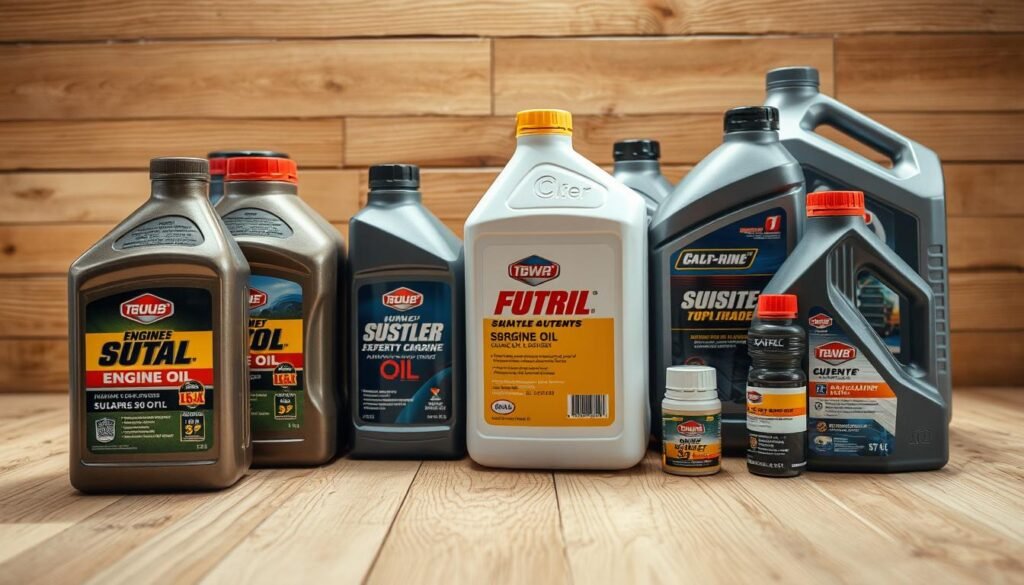 A well-lit, close-up image of various types of engine oil bottles and containers typically used in riding lawn mowers. The bottles are displayed on a clean, wooden surface, showcasing different oil grades, viscosities, and brands. The lighting is bright and evenly distributed, highlighting the textures and details of the containers. The arrangement is visually appealing, with the bottles strategically placed to create a balanced and aesthetically pleasing composition. The overall mood is informative and educational, capturing the essential information a reader would need to understand the types of oil suitable for their riding lawn mower. A well-lit, close-up image of various types of engine oil bottles and containers typically used in riding lawn mowers. The bottles are displayed on a clean, wooden surface, showcasing different oil grades, viscosities, and brands. The lighting is bright and evenly distributed, highlighting the textures and details of the containers. The arrangement is visually appealing, with the bottles strategically placed to create a balanced and aesthetically pleasing composition. The overall mood is informative and educational, capturing the essential information a reader would need to understand the types of oil suitable for their riding lawn mower.