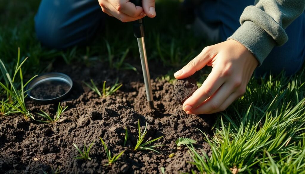 A well-lit close-up of a person's hands carefully taking soil samples from a lawn, using a soil core sampler. The soil is dark and loamy, indicating healthy composition. The person is kneeling on the grass, surrounded by lush greenery and soft shadows. A magnifying glass or other tool is visible, suggesting an analytical approach. The scene conveys a sense of care and attention to detail in evaluating the lawn's aeration needs. The lighting is natural and slightly diffused, creating a serene, contemplative atmosphere. A well-lit close-up of a person's hands carefully taking soil samples from a lawn, using a soil core sampler. The soil is dark and loamy, indicating healthy composition. The person is kneeling on the grass, surrounded by lush greenery and soft shadows. A magnifying glass or other tool is visible, suggesting an analytical approach. The scene conveys a sense of care and attention to detail in evaluating the lawn's aeration needs. The lighting is natural and slightly diffused, creating a serene, contemplative atmosphere.