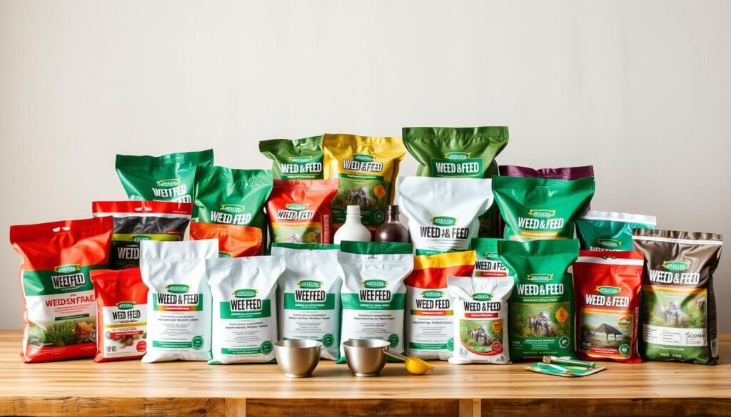 A well-lit display of various weed and feed products, laid out on a wooden table against a neutral backdrop. The foreground features an assortment of bags, bottles, and boxes showcasing different formulas, each with clear labeling and branding. The middle ground includes a selection of measuring cups, spreaders, and other application tools. The background has a subtle, blurred gradient, allowing the products to take center stage. The overall composition has a clean, organized, and informative feel, inviting the viewer to closely examine the available weed and feed options. A well-lit display of various weed and feed products, laid out on a wooden table against a neutral backdrop. The foreground features an assortment of bags, bottles, and boxes showcasing different formulas, each with clear labeling and branding. The middle ground includes a selection of measuring cups, spreaders, and other application tools. The background has a subtle, blurred gradient, allowing the products to take center stage. The overall composition has a clean, organized, and informative feel, inviting the viewer to closely examine the available weed and feed options.