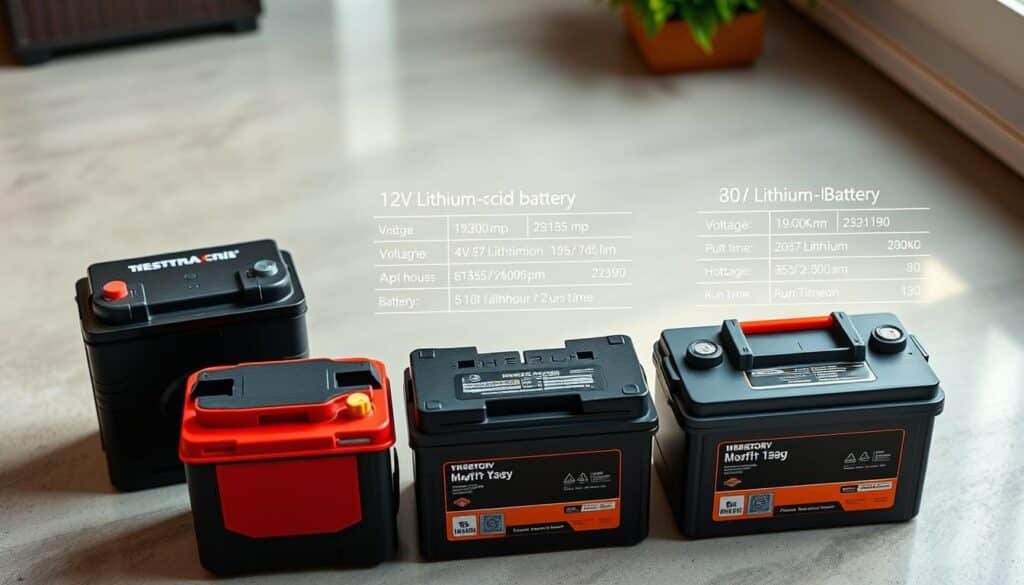 A well-lit, high-angle shot showcasing three lawn mower battery types in a side-by-side comparison. In the foreground, a 12V lead-acid battery, a 40V lithium-ion battery, and an 80V lithium-ion battery sit atop a clean, neutral surface. The middle ground features a detailed technical breakdown of each battery's specifications, including voltage, amp-hours, and run time. The background blurs gently, allowing the batteries to be the focal point. The overall mood is informative and tech-savvy, with crisp, even lighting highlighting the distinct differences between the battery types. A well-lit, high-angle shot showcasing three lawn mower battery types in a side-by-side comparison. In the foreground, a 12V lead-acid battery, a 40V lithium-ion battery, and an 80V lithium-ion battery sit atop a clean, neutral surface. The middle ground features a detailed technical breakdown of each battery's specifications, including voltage, amp-hours, and run time. The background blurs gently, allowing the batteries to be the focal point. The overall mood is informative and tech-savvy, with crisp, even lighting highlighting the distinct differences between the battery types.