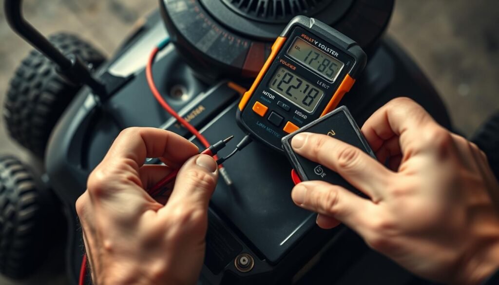 A well-lit, high-angle view of a person's hands using a digital multimeter to measure the voltage of a riding lawn mower battery. The battery is visible in the foreground, its terminals exposed, with the multimeter's probes touching the contacts. The person's hands are focused and steady, showcasing the delicate process of testing the battery. The background is slightly blurred, emphasizing the task at hand. Subtle reflections on the multimeter's display provide a sense of depth and technical precision. The overall mood is one of careful examination, with a touch of technical curiosity.