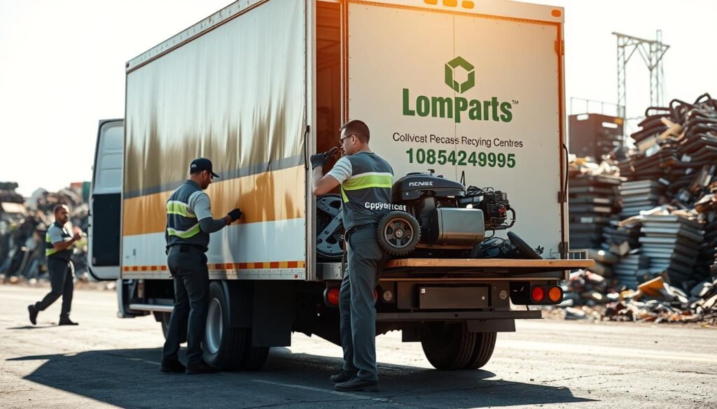 A well-lit, high-resolution image of a professional junk removal service in action. The foreground shows a team of uniformed workers efficiently loading an old lawn mower and other discarded items into the back of a large, branded cargo van. The middle ground features the company's logo and contact information prominently displayed on the van's side. In the background, a neatly organized junkyard or recycling facility can be seen, conveying a sense of organization and environmental responsibility. The lighting is bright and natural, creating sharp shadows and highlights that accentuate the dynamic scene. The camera angle is slightly elevated, providing a comprehensive view of the operation.