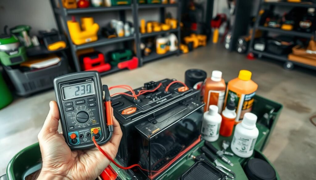 A well-lit, high-resolution image of a riding lawn mower with the battery compartment open, showcasing proper battery maintenance techniques. The foreground features a hand holding a multimeter, checking the battery's voltage and charge level. The middle ground displays a selection of tools like wire brushes, battery terminals, and cleaning solutions. The background depicts a neatly organized garage or workshop setting, with shelves of lawn care products. The overall mood is one of informative, practical guidance, emphasizing the importance of battery maintenance for the longevity and performance of a riding lawn mower.
