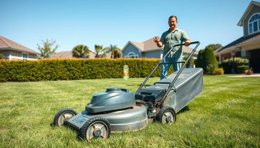 A well-lit, realistic scene of a person standing next to a clean, well-maintained lawn mower on a neatly mowed lawn. The mower appears in the foreground, its metal chassis gleaming and blades freshly sharpened. The person, in casual attire, is gesturing towards the mower, conveying a sense of pride and readiness to sell or donate the still-functional machine. In the middle ground, a small sign or flyer advertises the availability of the mower, while the background features a tidy suburban neighborhood with trimmed hedges and a clear, blue sky overhead, creating an inviting atmosphere.