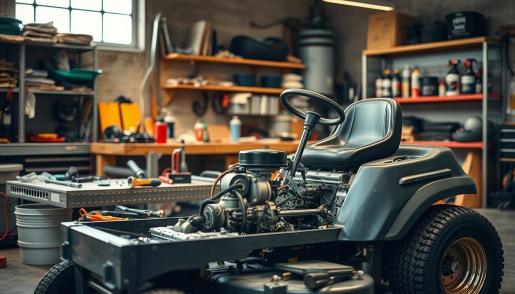 A well-lit workshop interior, with a riding lawn mower positioned prominently in the foreground. The mower is disassembled, revealing its inner components - the engine, transmission, and other mechanical parts. In the middle ground, a collection of maintenance tools, including a wrench, screwdriver, and oil can, are neatly arranged on a workbench. The background showcases shelves stocked with spare parts, lubricants, and other mower-related accessories, creating a sense of a well-equipped, professional workshop. The lighting is a combination of natural daylight filtering in through windows and warm, focused task lighting, highlighting the intricate details of the mower's anatomy. The overall mood is one of thoughtful analysis and investigation, reflecting the importance of understanding the factors that influence a riding mower's lifespan. A well-lit workshop interior, with a riding lawn mower positioned prominently in the foreground. The mower is disassembled, revealing its inner components - the engine, transmission, and other mechanical parts. In the middle ground, a collection of maintenance tools, including a wrench, screwdriver, and oil can, are neatly arranged on a workbench. The background showcases shelves stocked with spare parts, lubricants, and other mower-related accessories, creating a sense of a well-equipped, professional workshop. The lighting is a combination of natural daylight filtering in through windows and warm, focused task lighting, highlighting the intricate details of the mower's anatomy. The overall mood is one of thoughtful analysis and investigation, reflecting the importance of understanding the factors that influence a riding mower's lifespan.