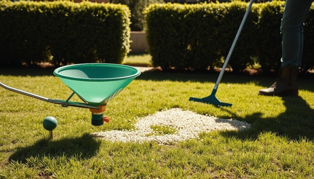 A well-manicured lawn, sun-dappled and lush, with a gardener carefully spreading grass seed over the soil. In the foreground, a hand-held broadcast spreader evenly distributes the tiny seeds, while in the middle ground, a rake gently works the soil to help the seeds make contact. In the background, a neatly trimmed hedge frames the scene, casting soft shadows across the lawn. The lighting is natural and warm, creating a serene, inviting atmosphere. The composition showcases the essential steps of overseeding - preparing the soil, sowing the seeds, and creating the ideal conditions for growth, all in service of a thriving, healthy lawn. A well-manicured lawn, sun-dappled and lush, with a gardener carefully spreading grass seed over the soil. In the foreground, a hand-held broadcast spreader evenly distributes the tiny seeds, while in the middle ground, a rake gently works the soil to help the seeds make contact. In the background, a neatly trimmed hedge frames the scene, casting soft shadows across the lawn. The lighting is natural and warm, creating a serene, inviting atmosphere. The composition showcases the essential steps of overseeding - preparing the soil, sowing the seeds, and creating the ideal conditions for growth, all in service of a thriving, healthy lawn.