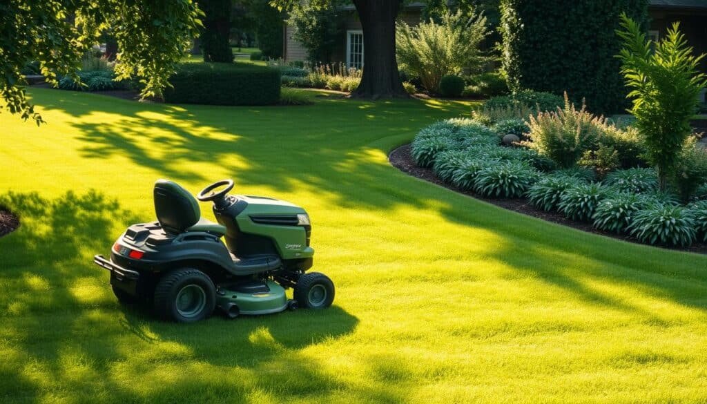 A well-manicured lawn surrounded by lush greenery, the sun's rays gently filtering through the trees. In the foreground, a sleek, zero-turn mower glides effortlessly across the grass, its powerful engine and precise maneuverability on full display. The mower's tight turning radius allows it to navigate around obstacles and intricate landscaping with ease, while its efficient design minimizes the time and effort required for mowing. The middle ground showcases the mower's impressive speed and agility, cutting a clean, even path as it seamlessly transitions between different sections of the yard. In the background, a meticulously maintained garden adds to the overall sense of order and tranquility, highlighting the benefits of using a zero-turn mower for both form and function. A well-manicured lawn surrounded by lush greenery, the sun's rays gently filtering through the trees. In the foreground, a sleek, zero-turn mower glides effortlessly across the grass, its powerful engine and precise maneuverability on full display. The mower's tight turning radius allows it to navigate around obstacles and intricate landscaping with ease, while its efficient design minimizes the time and effort required for mowing. The middle ground showcases the mower's impressive speed and agility, cutting a clean, even path as it seamlessly transitions between different sections of the yard. In the background, a meticulously maintained garden adds to the overall sense of order and tranquility, highlighting the benefits of using a zero-turn mower for both form and function.