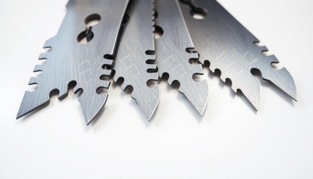 An up-close view of freshly sharpened mower blades, their edges gleaming under bright, evenly diffused lighting. The blades are laid out on a clean, neutral-toned surface, allowing their intricate geometry and razor-sharp teeth to be the sole focus. The image conveys a sense of precision and meticulous care, reflecting the importance of maintaining sharp, well-kept mower blades for optimal lawn cutting performance and a healthy, lush sod. An up-close view of freshly sharpened mower blades, their edges gleaming under bright, evenly diffused lighting. The blades are laid out on a clean, neutral-toned surface, allowing their intricate geometry and razor-sharp teeth to be the sole focus. The image conveys a sense of precision and meticulous care, reflecting the importance of maintaining sharp, well-kept mower blades for optimal lawn cutting performance and a healthy, lush sod.