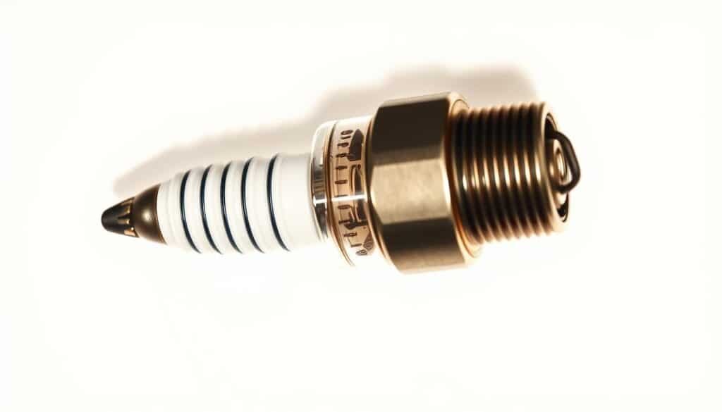 Detailed cross-section of a lawn mower spark plug, showcased against a crisp white background. The spark plug's internal anatomy is meticulously rendered, highlighting the central electrode, side electrode, insulator, and threaded shell. Subtle warm lighting from an angle casts gentle shadows, emphasizing the plug's intricate components. The image should convey a sense of technical precision and educational clarity, suitable for illustrating the workings of a lawn mower spark plug. Detailed cross-section of a lawn mower spark plug, showcased against a crisp white background. The spark plug's internal anatomy is meticulously rendered, highlighting the central electrode, side electrode, insulator, and threaded shell. Subtle warm lighting from an angle casts gentle shadows, emphasizing the plug's intricate components. The image should convey a sense of technical precision and educational clarity, suitable for illustrating the workings of a lawn mower spark plug.