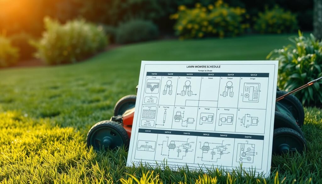 Detailed, realistic depiction of a lawn mower maintenance schedule, showcasing a well-organized plan for oil change and service. Crisp, clean-lined diagram with technical diagrams and charts in the foreground, surrounded by a meticulously maintained lawn and lush greenery in the background. Warm, natural lighting illuminates the scene, conveying a sense of order and efficiency. High-resolution, photorealistic style with a focus on precision and attention to detail. Detailed, realistic depiction of a lawn mower maintenance schedule, showcasing a well-organized plan for oil change and service. Crisp, clean-lined diagram with technical diagrams and charts in the foreground, surrounded by a meticulously maintained lawn and lush greenery in the background. Warm, natural lighting illuminates the scene, conveying a sense of order and efficiency. High-resolution, photorealistic style with a focus on precision and attention to detail.