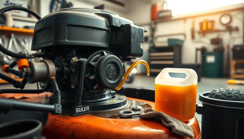 High-quality, detailed image of a lawn mower oil change process. Focus on the foreground with a lawn mower engine, oil container, and tools like wrenches and rags. Set the scene in a well-lit garage or workshop, with a clean, organized background. Capture the step-by-step workflow, with the engine opened and oil being drained into a container. Convey a sense of professionalism and attention to detail. Use a wide-angle lens to showcase the full scene, with natural lighting and a slightly warm color palette to create a pleasant, informative atmosphere.
