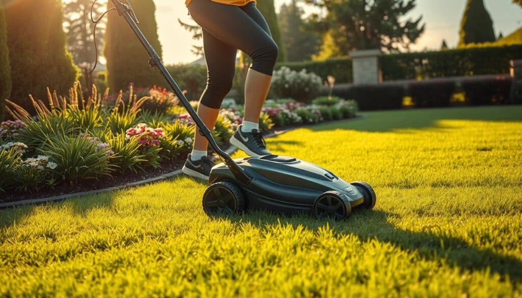 Manicured lawn, lush green grass, freshly mowed with clean, crisp lines. A person in workout gear, focused and determined, pushing a sleek, modern electric lawn mower with ease. Sunlight filters through wispy clouds, casting a warm, golden glow across the scene. The mower's blades spin with precision, leaving a trail of neatly trimmed blades in its wake. The surrounding landscape is meticulously maintained, with neatly edged flower beds and well-kept shrubbery framing the scene. A sense of accomplishment and physical exertion radiates from the image, capturing the essence of an effective lawn mowing workout.