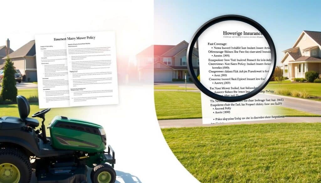 Riding mower policy coverage differences: A detailed illustration. A well-lit, high-resolution image showcasing the nuanced differences between homeowners insurance policies. In the foreground, a riding lawn mower, its engine idling, set against a crisp white backdrop. Overhead, a grid of insurance policy documents, each with subtle variations in coverage and exclusions, casting a soft, directional lighting. In the middle ground, a magnifying glass highlighting the fine print, emphasizing the importance of understanding policy details. The background features a serene suburban landscape, with neatly manicured lawns and a clear, blue sky, underscoring the everyday context of this insurance dilemma. Riding mower policy coverage differences: A detailed illustration. A well-lit, high-resolution image showcasing the nuanced differences between homeowners insurance policies. In the foreground, a riding lawn mower, its engine idling, set against a crisp white backdrop. Overhead, a grid of insurance policy documents, each with subtle variations in coverage and exclusions, casting a soft, directional lighting. In the middle ground, a magnifying glass highlighting the fine print, emphasizing the importance of understanding policy details. The background features a serene suburban landscape, with neatly manicured lawns and a clear, blue sky, underscoring the everyday context of this insurance dilemma.