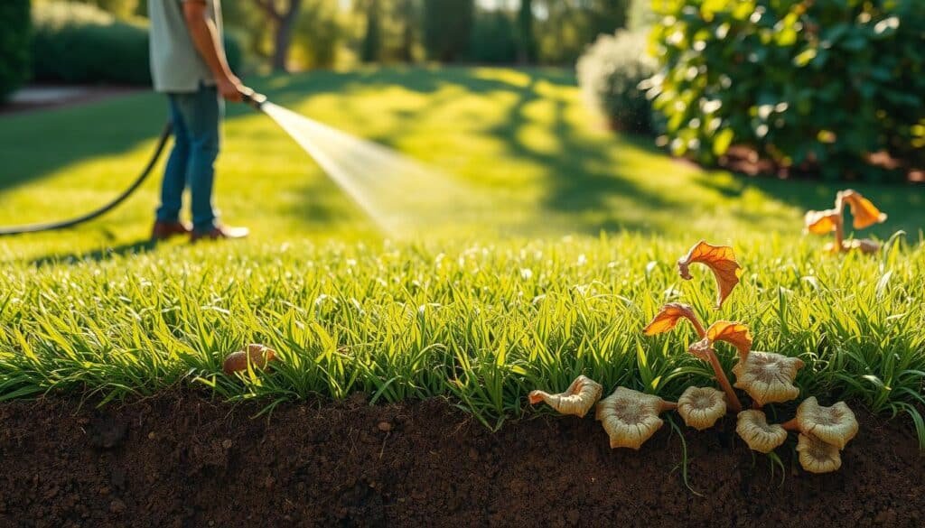 Sprawling lawn under a warm afternoon sun, freshly mowed with crisp, flattened blades. A gardener approaches, hose in hand, about to douse the soil. But wait - a subtle shift in the scene reveals the potential pitfalls. Damp, matted grass clings to the earth, inhibiting airflow and trapping moisture. Fungal growth creeps along the surface, a telltale sign of overwatering. The lush green hue fades, replaced by a sickly, yellowed pallor. In the background, wilting, discolored leaves hint at the damaging effects of this well-intentioned but ill-timed watering ritual. A cautionary tale of how good intentions can backfire, captured in a single frame. Sprawling lawn under a warm afternoon sun, freshly mowed with crisp, flattened blades. A gardener approaches, hose in hand, about to douse the soil. But wait - a subtle shift in the scene reveals the potential pitfalls. Damp, matted grass clings to the earth, inhibiting airflow and trapping moisture. Fungal growth creeps along the surface, a telltale sign of overwatering. The lush green hue fades, replaced by a sickly, yellowed pallor. In the background, wilting, discolored leaves hint at the damaging effects of this well-intentioned but ill-timed watering ritual. A cautionary tale of how good intentions can backfire, captured in a single frame.