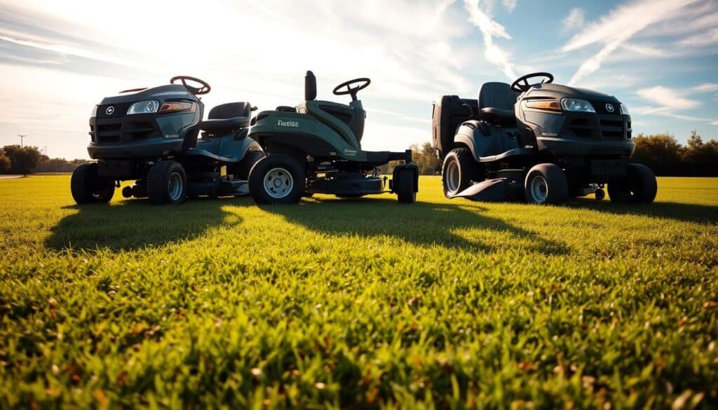 a detailed comparison of riding mowers, showcasing their lifespans. in the foreground, three riding mowers of different makes and models stand side by side, their distinctive designs and features prominently displayed. the middle ground depicts a well-manicured lawn, with the mowers casting long shadows that convey a sense of depth and scale. the background features a bright, sun-dappled sky with wispy clouds, creating a warm and inviting atmosphere. the lighting is natural, with soft highlights and shadows that accentuate the mowers' shapes and textures. the camera angle is slightly elevated, giving a broad, panoramic view of the scene. the overall mood is one of clarity, precision, and a focus on the practical and functional aspects of these essential lawn care tools. a detailed comparison of riding mowers, showcasing their lifespans. in the foreground, three riding mowers of different makes and models stand side by side, their distinctive designs and features prominently displayed. the middle ground depicts a well-manicured lawn, with the mowers casting long shadows that convey a sense of depth and scale. the background features a bright, sun-dappled sky with wispy clouds, creating a warm and inviting atmosphere. the lighting is natural, with soft highlights and shadows that accentuate the mowers' shapes and textures. the camera angle is slightly elevated, giving a broad, panoramic view of the scene. the overall mood is one of clarity, precision, and a focus on the practical and functional aspects of these essential lawn care tools.