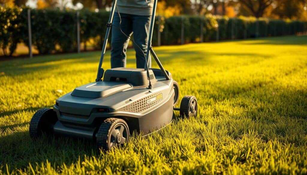 a detailed landscape scene of a lush green lawn being carefully mowed with a modern electric lawn mower, the mower's motor is audible and the blades are clearly visible as they smoothly cut the grass, a person in casual attire is shown operating the mower, with a focused expression as they guide the mower across the lawn, the scene is illuminated by warm, natural sunlight creating long, soft shadows, the lawn is bordered by a low fence or hedgerow, with trees and other foliage visible in the background, conveying a sense of care and attention to maintaining a healthy, well-manicured new lawn a detailed landscape scene of a lush green lawn being carefully mowed with a modern electric lawn mower, the mower's motor is audible and the blades are clearly visible as they smoothly cut the grass, a person in casual attire is shown operating the mower, with a focused expression as they guide the mower across the lawn, the scene is illuminated by warm, natural sunlight creating long, soft shadows, the lawn is bordered by a low fence or hedgerow, with trees and other foliage visible in the background, conveying a sense of care and attention to maintaining a healthy, well-manicured new lawn