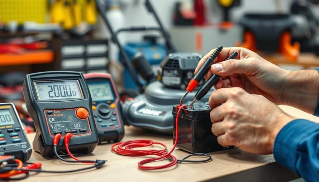 A bright, well-lit workbench displays an array of voltmeters and multimeters, their digital displays showcasing precise battery voltage readings. In the foreground, a mechanic's hands delicately connect the testing probes to the terminals of a lawn mower battery, carefully studying the fluctuating voltage levels. The middle ground features a disassembled lawn mower, its components neatly arranged, hinting at the process of troubleshooting and maintenance. The background subtly blurs, drawing the focus to the central act of interpreting the battery's voltage, a critical step in ensuring the lawn mower's reliable performance.