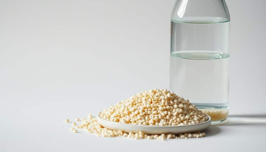 A close-up comparison of granular and liquid fertilizers against a clean, well-lit background. The granular fertilizer is displayed in a shallow dish, its individual pellets clearly visible. The liquid fertilizer is contained in a transparent glass bottle, allowing its viscous, aqueous nature to be observed. Soft, directional lighting accentuates the textures and colors of both products. The image conveys a sense of scientific objectivity, highlighting the distinct physical properties of these two common lawn and garden fertilizer types. A close-up comparison of granular and liquid fertilizers against a clean, well-lit background. The granular fertilizer is displayed in a shallow dish, its individual pellets clearly visible. The liquid fertilizer is contained in a transparent glass bottle, allowing its viscous, aqueous nature to be observed. Soft, directional lighting accentuates the textures and colors of both products. The image conveys a sense of scientific objectivity, highlighting the distinct physical properties of these two common lawn and garden fertilizer types.