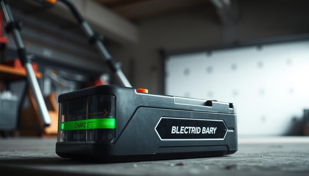 A close-up shot of a lawn mower battery, showcasing its charge level cycles. The battery is positioned prominently in the foreground, with a clean, clinical lighting setup that accentuates its metallic casing and internal components. The middle ground features a simple, minimalist backdrop, allowing the battery to be the focal point. The background subtly suggests a workshop or garage setting, hinting at the environment where this battery would be used. The overall mood is one of technical precision and attention to detail, reflecting the importance of understanding battery lifespan for maintaining an electric lawn mower. A close-up shot of a lawn mower battery, showcasing its charge level cycles. The battery is positioned prominently in the foreground, with a clean, clinical lighting setup that accentuates its metallic casing and internal components. The middle ground features a simple, minimalist backdrop, allowing the battery to be the focal point. The background subtly suggests a workshop or garage setting, hinting at the environment where this battery would be used. The overall mood is one of technical precision and attention to detail, reflecting the importance of understanding battery lifespan for maintaining an electric lawn mower.