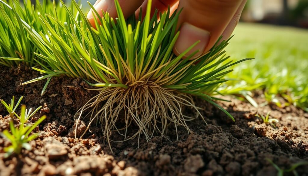 A close-up view of a hand gently lifting a section of freshly laid sod, revealing the intricate network of fine roots emerging from the soil below. The sod is lush and vibrant, the texture of the grass blades and the soil evident. Diffuse natural lighting illuminates the scene, casting soft shadows that add depth and dimensionality. The image is captured from a low angle, emphasizing the soil's earthy hues and the delicate, intertwined roots, conveying the process of sod establishment in a visually compelling manner. The overall mood is one of curiosity and scientific exploration, inviting the viewer to examine the critical early stages of lawn development. A close-up view of a hand gently lifting a section of freshly laid sod, revealing the intricate network of fine roots emerging from the soil below. The sod is lush and vibrant, the texture of the grass blades and the soil evident. Diffuse natural lighting illuminates the scene, casting soft shadows that add depth and dimensionality. The image is captured from a low angle, emphasizing the soil's earthy hues and the delicate, intertwined roots, conveying the process of sod establishment in a visually compelling manner. The overall mood is one of curiosity and scientific exploration, inviting the viewer to examine the critical early stages of lawn development.