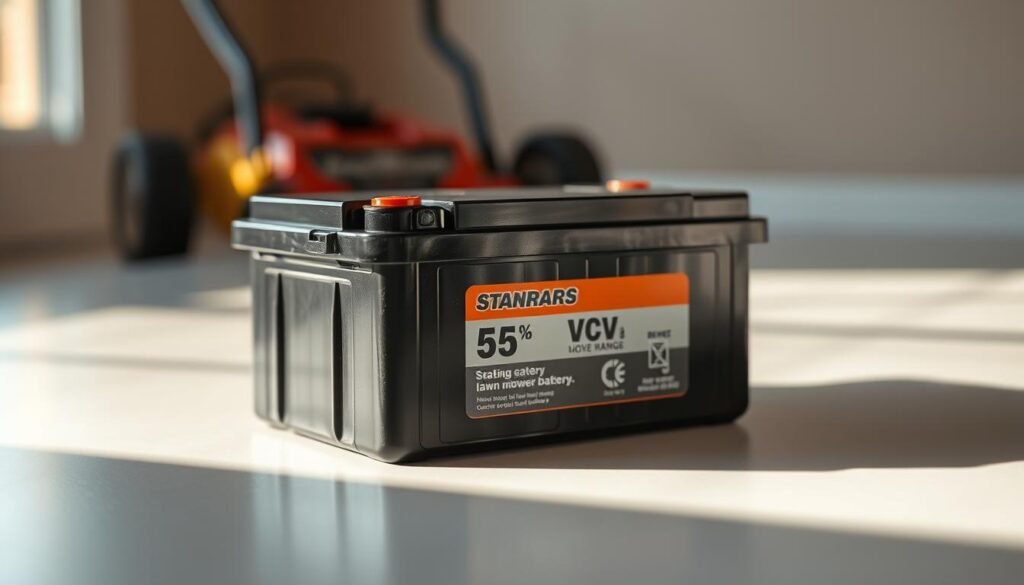 A close-up view of a standard lawn mower battery, showcasing its voltage range displayed prominently on the label. The battery is resting on a clean, well-lit surface, casting soft shadows that accentuate its form. The lighting is soft and natural, creating a warm, inviting atmosphere. The background is blurred, keeping the focus on the battery and its technical specifications. The image should convey a sense of reliability and professionalism, reflecting the informative nature of the article section. A close-up view of a standard lawn mower battery, showcasing its voltage range displayed prominently on the label. The battery is resting on a clean, well-lit surface, casting soft shadows that accentuate its form. The lighting is soft and natural, creating a warm, inviting atmosphere. The background is blurred, keeping the focus on the battery and its technical specifications. The image should convey a sense of reliability and professionalism, reflecting the informative nature of the article section.