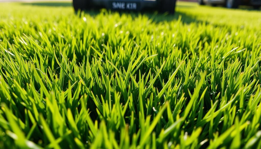 A close-up view of freshly mowed grass, showcasing the ideal lawn mowing height. The lush, verdant blades are trimmed evenly, creating a seamless, well-groomed appearance. Soft natural light filters through, casting gentle shadows and highlighting the texture of the grass. The scene is captured from a low angle, emphasizing the crisp, uniform cut and the satisfying visual of a neatly maintained lawn. The overall mood is one of tidiness, order, and the pride of a well-tended outdoor space, setting the stage for the first mow of new grass.