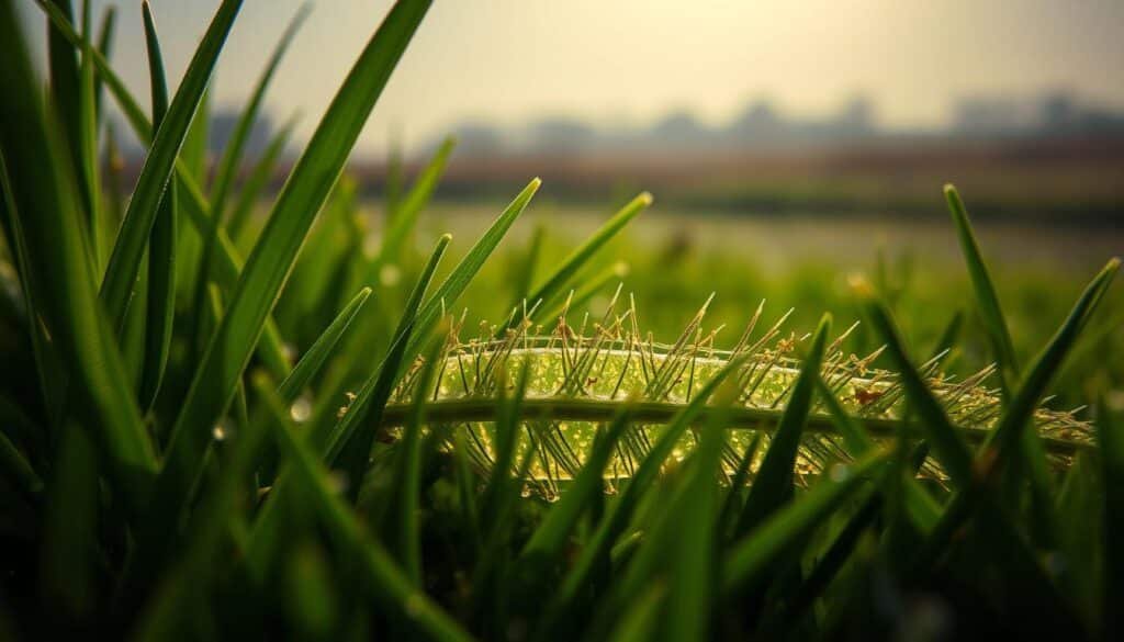 A close-up view of grass blades under a high-powered microscope, illuminated by soft, diffuse lighting from multiple angles. The blades are in sharp focus, revealing intricate cellular structures and the impact of a recent mowing. The middle ground showcases the cross-section of a freshly cut blade, exposing the internal layers and the effects of the mowing blade's passage. In the background, a hazy, out-of-focus landscape suggests the broader context of a lawn. The overall tone is one of scientific exploration, with a sense of wonder and attention to detail. A close-up view of grass blades under a high-powered microscope, illuminated by soft, diffuse lighting from multiple angles. The blades are in sharp focus, revealing intricate cellular structures and the impact of a recent mowing. The middle ground showcases the cross-section of a freshly cut blade, exposing the internal layers and the effects of the mowing blade's passage. In the background, a hazy, out-of-focus landscape suggests the broader context of a lawn. The overall tone is one of scientific exploration, with a sense of wonder and attention to detail.