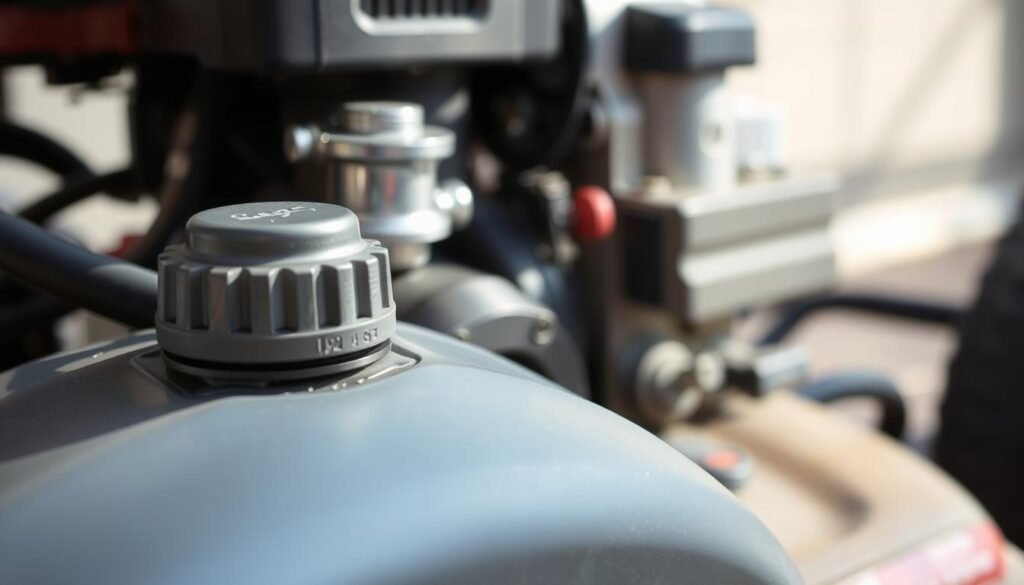 A closeup view of a fuel mixture for a small engine, such as a lawn mower. The image shows the fuel tank, fuel line, and carburetor in the foreground, with a crisp level of detail. The middle ground features the engine block and cylinder head, showcasing the mechanical components involved in fuel delivery and combustion. The background is slightly blurred, creating a sense of focus on the fuel mixture system. The lighting is natural and directional, casting subtle shadows that emphasize the textures and forms of the engine parts. The overall mood is one of technical precision and functional design, reflecting the subject matter of the "Engine Type Considerations and Fuel Mixture Advice" section. A closeup view of a fuel mixture for a small engine, such as a lawn mower. The image shows the fuel tank, fuel line, and carburetor in the foreground, with a crisp level of detail. The middle ground features the engine block and cylinder head, showcasing the mechanical components involved in fuel delivery and combustion. The background is slightly blurred, creating a sense of focus on the fuel mixture system. The lighting is natural and directional, casting subtle shadows that emphasize the textures and forms of the engine parts. The overall mood is one of technical precision and functional design, reflecting the subject matter of the "Engine Type Considerations and Fuel Mixture Advice" section.