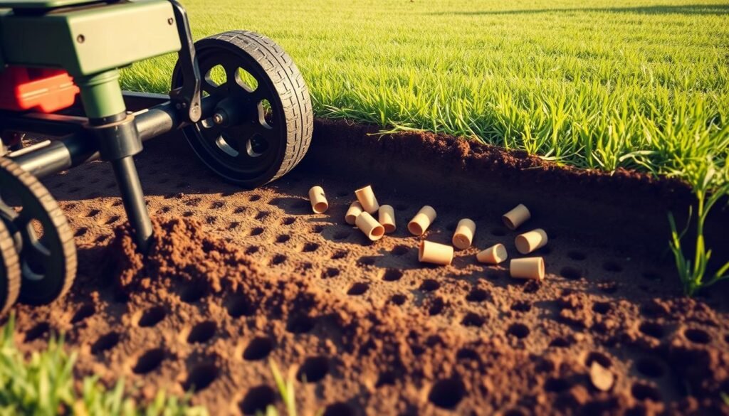 A cross-section view of the core aeration process on a well-manicured lawn. In the foreground, a lawn aerator with hollow tines penetrates the soil, extracting cylindrical soil cores. The middle ground showcases the freshly aerated lawn, revealing the perforated soil surface and the extracted soil cores scattered on the grass. In the background, a lush, green lawn stretches out, hinting at the beneficial effects of core aeration on grass health and vigor. The scene is illuminated by warm, natural lighting, casting soft shadows and highlighting the texture of the soil and grass. The overall atmosphere conveys a sense of diligent lawn care and the importance of core aeration for optimal lawn maintenance. A cross-section view of the core aeration process on a well-manicured lawn. In the foreground, a lawn aerator with hollow tines penetrates the soil, extracting cylindrical soil cores. The middle ground showcases the freshly aerated lawn, revealing the perforated soil surface and the extracted soil cores scattered on the grass. In the background, a lush, green lawn stretches out, hinting at the beneficial effects of core aeration on grass health and vigor. The scene is illuminated by warm, natural lighting, casting soft shadows and highlighting the texture of the soil and grass. The overall atmosphere conveys a sense of diligent lawn care and the importance of core aeration for optimal lawn maintenance.