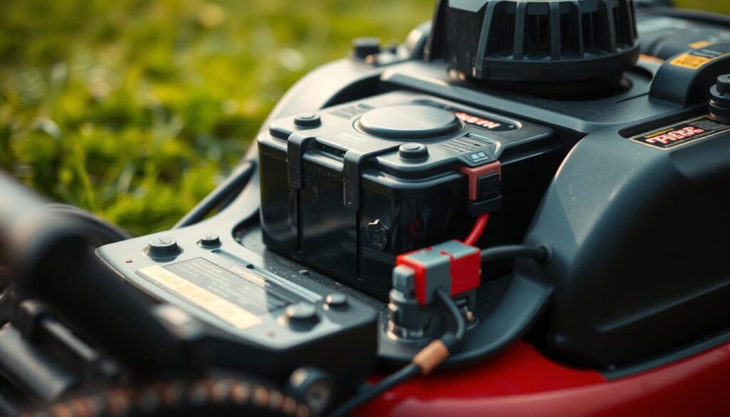 A detailed, close-up view of a lawn mower's battery system, showcasing the battery, terminals, and associated components. The battery is positioned centrally, with the terminals clearly visible. The scene is well-lit, with a soft, natural light source illuminating the components. The background is slightly blurred, keeping the focus on the battery system. The overall mood is one of technical precision and attention to detail, conveying the importance of the battery system for the proper functioning of the lawn mower. A detailed, close-up view of a lawn mower's battery system, showcasing the battery, terminals, and associated components. The battery is positioned centrally, with the terminals clearly visible. The scene is well-lit, with a soft, natural light source illuminating the components. The background is slightly blurred, keeping the focus on the battery system. The overall mood is one of technical precision and attention to detail, conveying the importance of the battery system for the proper functioning of the lawn mower.