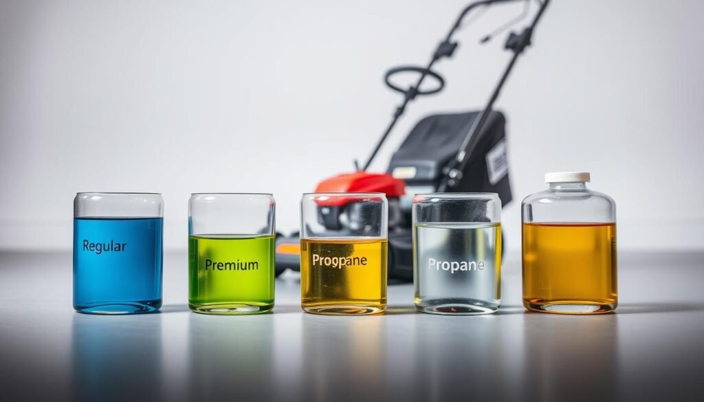 A detailed comparison of various fuel types for lawn mowers, presented in a clean, scientific manner. In the foreground, five transparent glass containers hold different gasoline blends - regular, premium, ethanol-free, and two alternative fuels like propane and electric battery. Placed on a reflective, gray surface, the containers are bathed in soft, neutral lighting that accentuates their contents. In the middle ground, a well-maintained lawn mower, captured from a low angle, stands ready to showcase the performance of each fuel. The background features a simple, minimalist setting, allowing the fuel comparison to take center stage. The overall mood is one of informative clarity, inviting the viewer to closely examine the differences between these fuel options.
