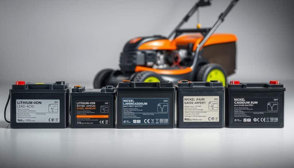 A detailed comparison of various types of lawn mower batteries, showcased in a well-lit, professional studio setting. The foreground features a lineup of different battery models, including lithium-ion, lead-acid, and nickel-cadmium varieties, each presented with clear technical specifications and visual cues to distinguish their unique characteristics. The middle ground showcases a lawn mower in the background, providing context and highlighting the practical application of these batteries. The overall composition is clean, crisp, and devoid of any distractions, allowing the viewer to focus solely on the batteries and their distinguishing features. A detailed comparison of various types of lawn mower batteries, showcased in a well-lit, professional studio setting. The foreground features a lineup of different battery models, including lithium-ion, lead-acid, and nickel-cadmium varieties, each presented with clear technical specifications and visual cues to distinguish their unique characteristics. The middle ground showcases a lawn mower in the background, providing context and highlighting the practical application of these batteries. The overall composition is clean, crisp, and devoid of any distractions, allowing the viewer to focus solely on the batteries and their distinguishing features.