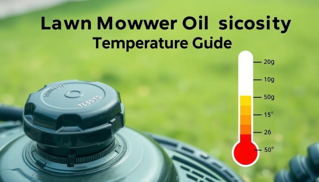 A detailed infographic displaying a lawn mower oil viscosity temperature guide. In the foreground, a close-up of a lawn mower engine with its oil cap open, revealing the oil reservoir. In the middle ground, a temperature scale with corresponding viscosity numbers, presented in a clean, minimalist style. The background features a soft, blurred image of a manicured lawn, creating a serene, informative atmosphere. The lighting is natural, with soft highlights and shadows to accentuate the details. The overall composition is balanced, with a technical, yet visually appealing aesthetic that would complement the article's subject matter.