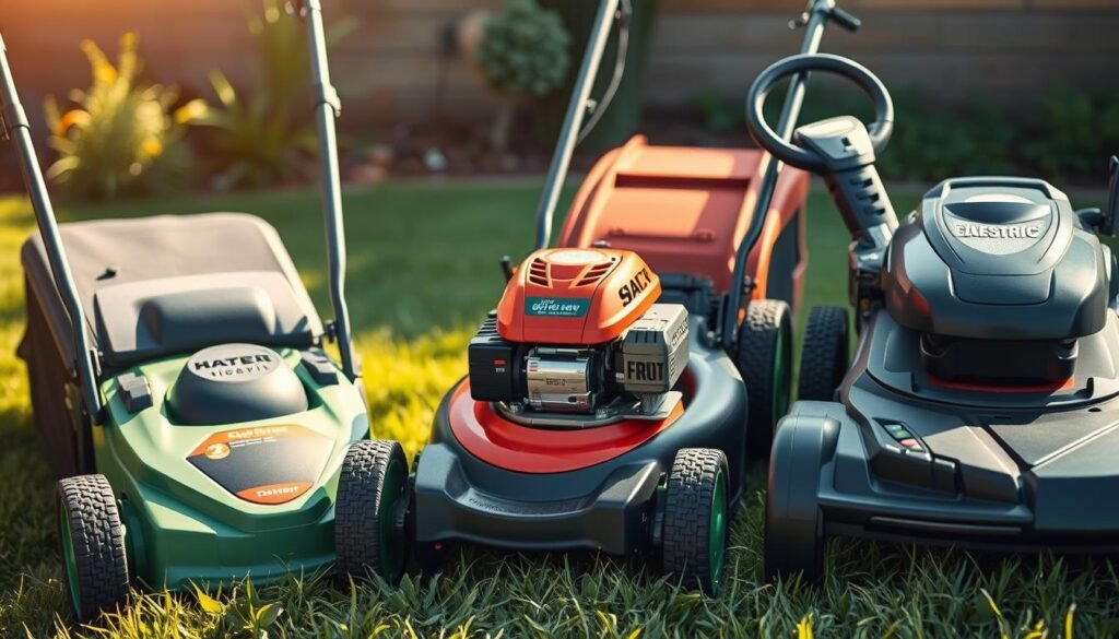 A detailed side-by-side comparison of different types of lawn mowers, including a high-quality push mower, a robust self-propelled gas mower, and a sleek electric cordless model. The mowers are arranged in a visually appealing layout, showcasing their distinctive features and designs. The scene is bathed in warm, natural lighting, creating a welcoming and informative atmosphere. The focus is sharp, and the angle emphasizes the scale and functionality of each mower, allowing the viewer to appreciate the nuances between the different models. The overall composition is both informative and aesthetically pleasing, perfectly suited to illustrate the "My Personal Experience with Different Mowers" section of the article. A detailed side-by-side comparison of different types of lawn mowers, including a high-quality push mower, a robust self-propelled gas mower, and a sleek electric cordless model. The mowers are arranged in a visually appealing layout, showcasing their distinctive features and designs. The scene is bathed in warm, natural lighting, creating a welcoming and informative atmosphere. The focus is sharp, and the angle emphasizes the scale and functionality of each mower, allowing the viewer to appreciate the nuances between the different models. The overall composition is both informative and aesthetically pleasing, perfectly suited to illustrate the "My Personal Experience with Different Mowers" section of the article.