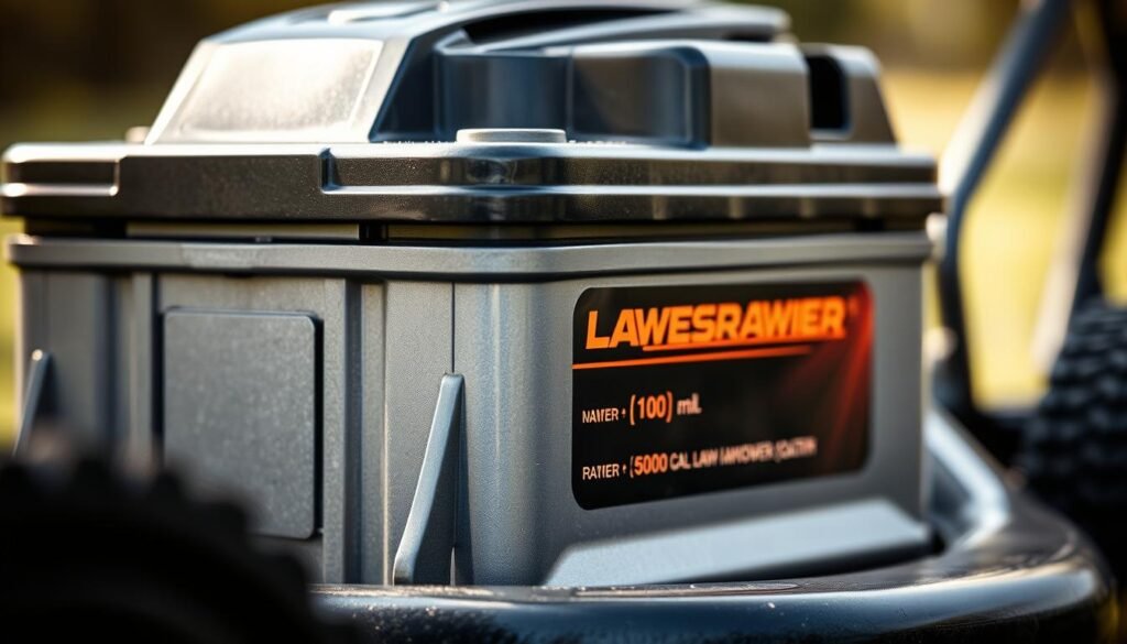 A detailed, technical close-up of a lawn mower battery, showcasing its amperage ratings prominently displayed on the side. The battery is positioned in the center of the frame, illuminated by a soft, natural light that accentuates its metallic textures and glossy surfaces. The background is blurred, allowing the battery to be the focal point, emphasizing its importance in understanding the power requirements for lawn mower operation. The image conveys a sense of precision and functionality, reflecting the technical nature of the subject matter.