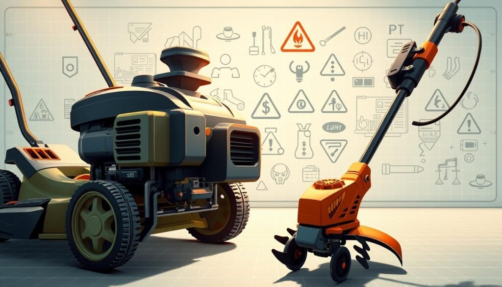 A detailed, technical illustration of gas-powered lawn equipment regulations, set against a clean, professional backdrop. In the foreground, a gas lawn mower and string trimmer are prominently displayed, their engines and exhaust systems meticulously rendered. In the middle ground, various regulatory symbols, icons, and hazard warnings are tastefully integrated, conveying a sense of oversight and compliance. The background features a subtle grid or blueprint pattern, suggesting the structured, bureaucratic nature of the regulations. Warm, directional lighting from the top-left casts subtle shadows, adding depth and dimensionality to the scene. The overall mood is one of authoritative, yet visually-appealing compliance with applicable laws and guidelines. A detailed, technical illustration of gas-powered lawn equipment regulations, set against a clean, professional backdrop. In the foreground, a gas lawn mower and string trimmer are prominently displayed, their engines and exhaust systems meticulously rendered. In the middle ground, various regulatory symbols, icons, and hazard warnings are tastefully integrated, conveying a sense of oversight and compliance. The background features a subtle grid or blueprint pattern, suggesting the structured, bureaucratic nature of the regulations. Warm, directional lighting from the top-left casts subtle shadows, adding depth and dimensionality to the scene. The overall mood is one of authoritative, yet visually-appealing compliance with applicable laws and guidelines.