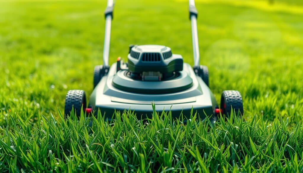 A freshly mowed lawn lies in the foreground, the grass blades still damp with morning dew. In the center, a well-maintained lawn mower stands ready, its blades gleaming in the soft, diffused sunlight filtering through wispy clouds. The handles are gripped firmly, the engine awaiting its first roar of the season. In the background, a lush, emerald green lawn stretches out, its vibrant hue a testament to the care and attention it has received. The scene conveys a sense of anticipation and the satisfaction that comes with the ritual of preparing the lawn for its first cutting, marking the start of a new season of growth and renewal. A freshly mowed lawn lies in the foreground, the grass blades still damp with morning dew. In the center, a well-maintained lawn mower stands ready, its blades gleaming in the soft, diffused sunlight filtering through wispy clouds. The handles are gripped firmly, the engine awaiting its first roar of the season. In the background, a lush, emerald green lawn stretches out, its vibrant hue a testament to the care and attention it has received. The scene conveys a sense of anticipation and the satisfaction that comes with the ritual of preparing the lawn for its first cutting, marking the start of a new season of growth and renewal.