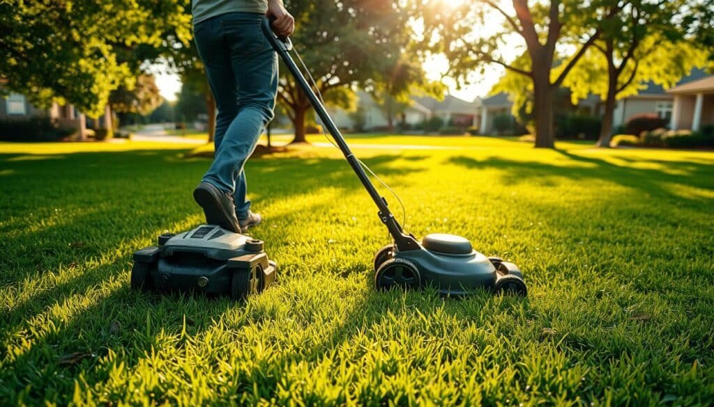 A freshly mowed lawn, the lush green grass glistening with morning dew. In the foreground, a person in casual attire gently pushes a modern, electric lawn mower, the blades effortlessly slicing through the dense, newly laid sod. Sunlight filters through the leaves of surrounding trees, casting a warm, golden glow over the scene. The mower leaves behind crisp, evenly cut lines, signaling the start of a healthy, thriving lawn. In the background, a picturesque suburban neighborhood comes into view, adding a sense of tranquility and accomplishment to the moment. The overall tone is one of diligence, care, and the satisfying process of establishing a new, vibrant outdoor space. A freshly mowed lawn, the lush green grass glistening with morning dew. In the foreground, a person in casual attire gently pushes a modern, electric lawn mower, the blades effortlessly slicing through the dense, newly laid sod. Sunlight filters through the leaves of surrounding trees, casting a warm, golden glow over the scene. The mower leaves behind crisp, evenly cut lines, signaling the start of a healthy, thriving lawn. In the background, a picturesque suburban neighborhood comes into view, adding a sense of tranquility and accomplishment to the moment. The overall tone is one of diligence, care, and the satisfying process of establishing a new, vibrant outdoor space.