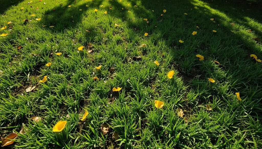 A freshly mowed sod lawn, the blades still damp, lies in disarray. Scattered patches of yellowed, bruised grass dot the otherwise verdant expanse. The once-lush carpet now bears the telltale signs of premature mowing - ragged edges, torn leaf blades, and stunted growth. Sunlight filters through the canopy, casting long shadows that accentuate the damage. The mood is somber, a cautionary tale of the consequences of impatient lawn care. A wide-angle lens captures the full extent of the sod's distress, inviting the viewer to contemplate the importance of timing and patience in establishing a healthy, thriving lawn.