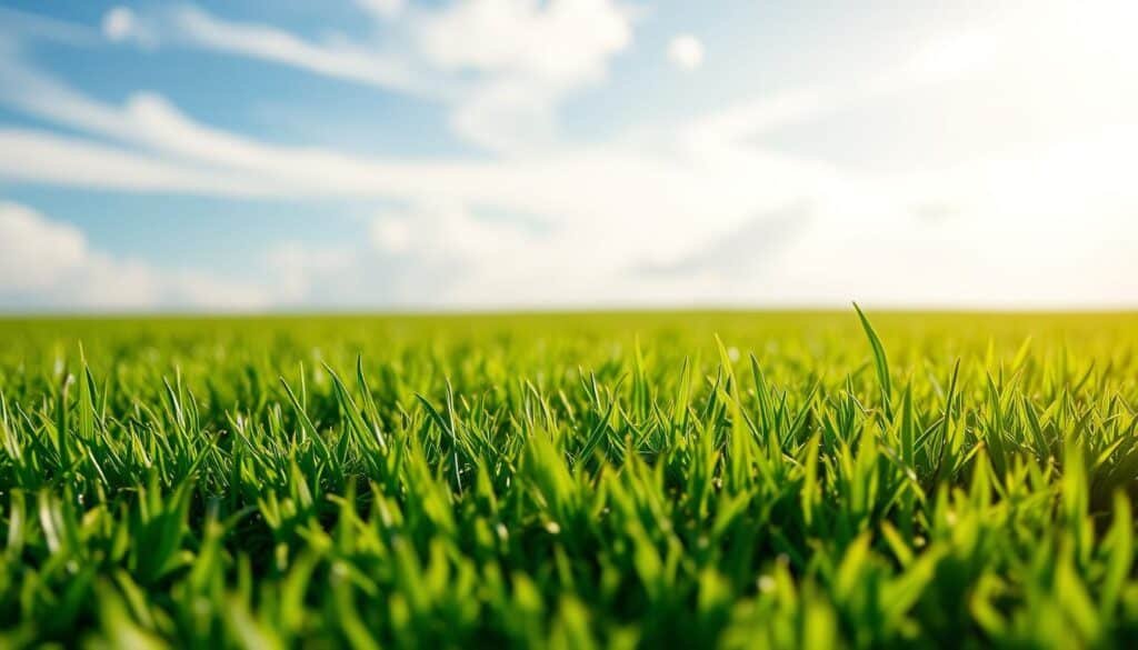 A freshly seeded lawn, its vibrant green blades gently swaying in the soft breeze. The mowing height is just right, revealing the healthy, even growth of the new grass. Sunlight filters through wispy clouds, casting a warm, natural glow over the scene. The lawn's surface is smooth and level, inviting a well-manicured, pristine appearance. In the foreground, the newly sharpened mower blade glides effortlessly over the lush carpet of grass, leaving behind a neatly trimmed, uniform surface. The overall impression is one of a thriving, well-maintained lawn, ready to showcase the hard work and care that has gone into its establishment.
