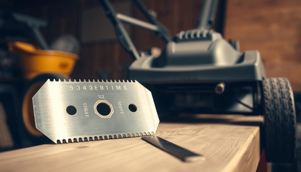 A freshly sharpened lawnmower blade sits on a wooden workbench, bathed in warm, diffused lighting. The blade's metallic surface gleams, the sharp edges clearly visible. In the background, a lawn mower stands ready, its clean, well-maintained body hinting at the precision of its operation. The scene evokes a sense of preparedness and attention to detail, perfectly capturing the essence of "Essential Preparation Before Your First Mow."