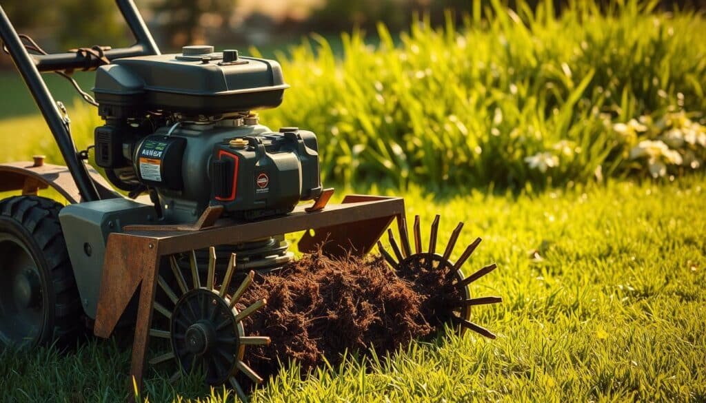 A heavy-duty power dethatcher with aggressive steel tines, designed for deep, thorough removal of dense, stubborn thatch buildup on lawns. Positioned in the foreground, the machine's rugged frame and powerful engine convey its utility for tackling the most challenging thatch accumulations. In the middle ground, lush, healthy grass suggests the transformative potential of this specialized tool. The scene is illuminated by warm, directional sunlight, casting dynamic shadows and highlighting the dethatcher's functional details. An atmosphere of practical, hard-working professionalism pervades the image, reflecting the essential role of this equipment in revitalizing lawns beyond the capabilities of a standard lawn mower.