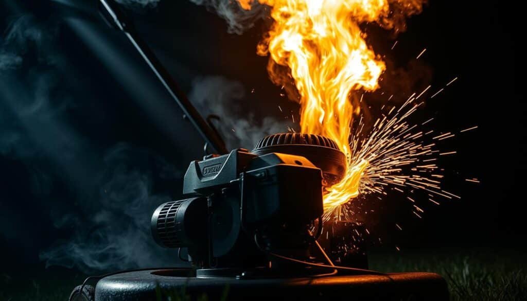 A lawn mower emitting a sudden burst of flame and smoke, captured in a dramatic low-angle shot. The engine is exposed, with intricate mechanical details visible. Sparks fly as the backfire ignites the fuel-air mixture, creating a fiery display against a dark, moody background. Beams of light pierce through the haze, casting dramatic shadows and highlighting the scene's intensity. The composition emphasizes the explosive power and potential dangers of a backfiring lawn mower engine. A lawn mower emitting a sudden burst of flame and smoke, captured in a dramatic low-angle shot. The engine is exposed, with intricate mechanical details visible. Sparks fly as the backfire ignites the fuel-air mixture, creating a fiery display against a dark, moody background. Beams of light pierce through the haze, casting dramatic shadows and highlighting the scene's intensity. The composition emphasizes the explosive power and potential dangers of a backfiring lawn mower engine.